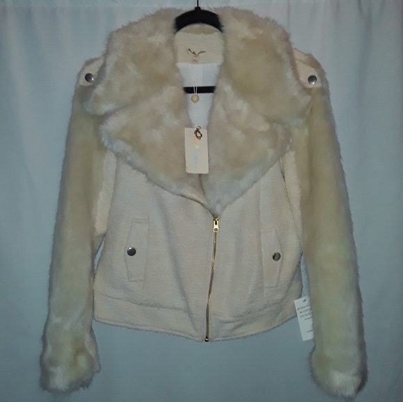 For Love And Lemons Jackets & Blazers - NWT For Love and Lemons KNITZ Andi Tweed Moto Jacket Beige Ivory Offwhite Large
